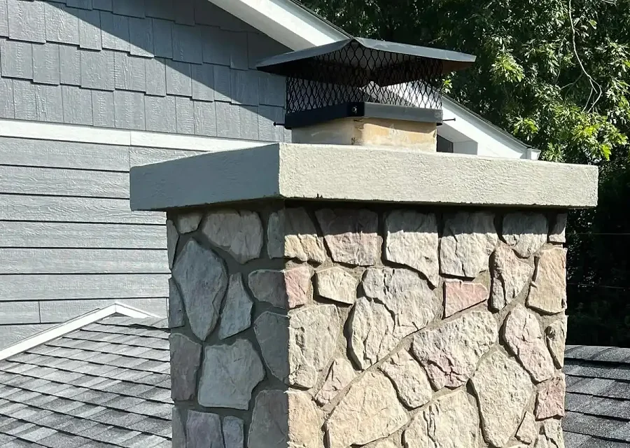 A rebuilt brick chimney with a fresh concrete crown and cap