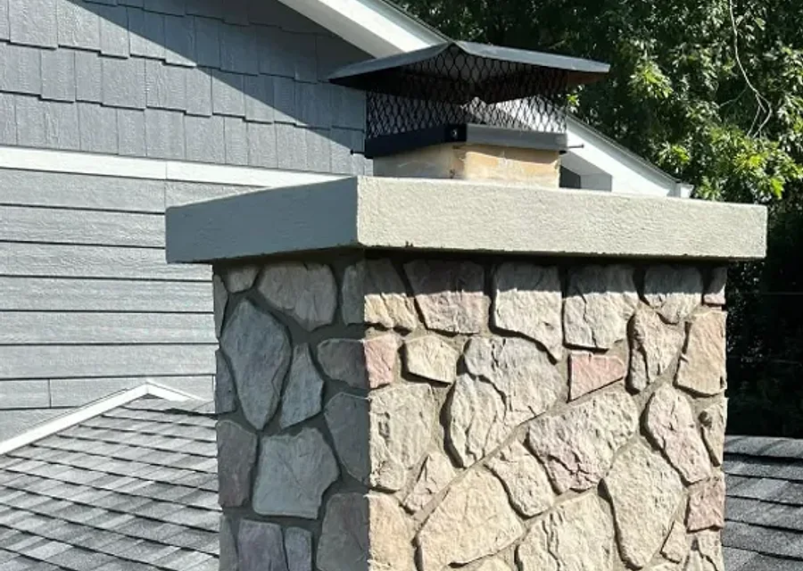 A finished stone-clad chimney sealed against the weather